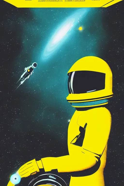 Prompt: poster art, movie poster, retrofuturism, sci - fi, textured, paper texture, 2 0 0 1 : a space odyssey by edward valigursky, saul bass and paul rand, yellow space suit, space station, outer space