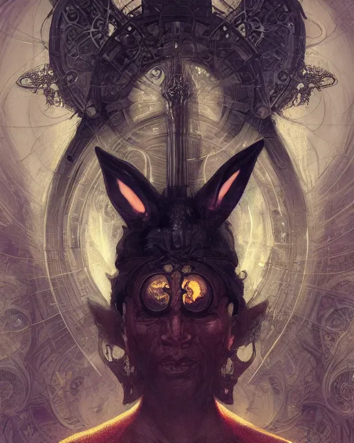 Prompt: Black rabbit monk, centered, portrait, symmetrical, Path of Exile, Diablo, Warhammer, digital painting, highly detailed, concept art, Nekro, Peter Mohrbacher, Alphonse Mucha, Brian Froud, Yoshitaka Amano, Kim Keever, Victo Ngai, James Jean