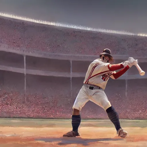 Image similar to baseball player hitting the ball with the baseball bat in the middle of the game and in front of everyone in the stadium, james gurney painting style, greg rutkowski, artstation