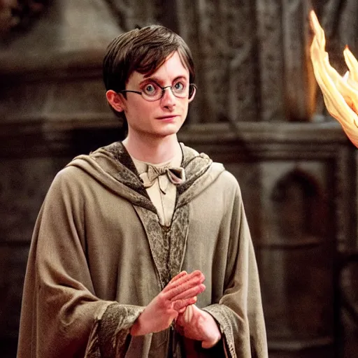 Prompt: Elijah Wood as Harry Potter casting a spell, wizard, robe, wand