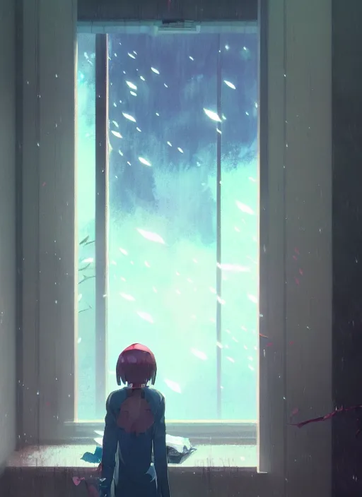 Image similar to interior, near the window, rainy outside, illustration concept art anime key visual trending pixiv fanbox by wlop and greg rutkowski and makoto shinkai and studio ghibli