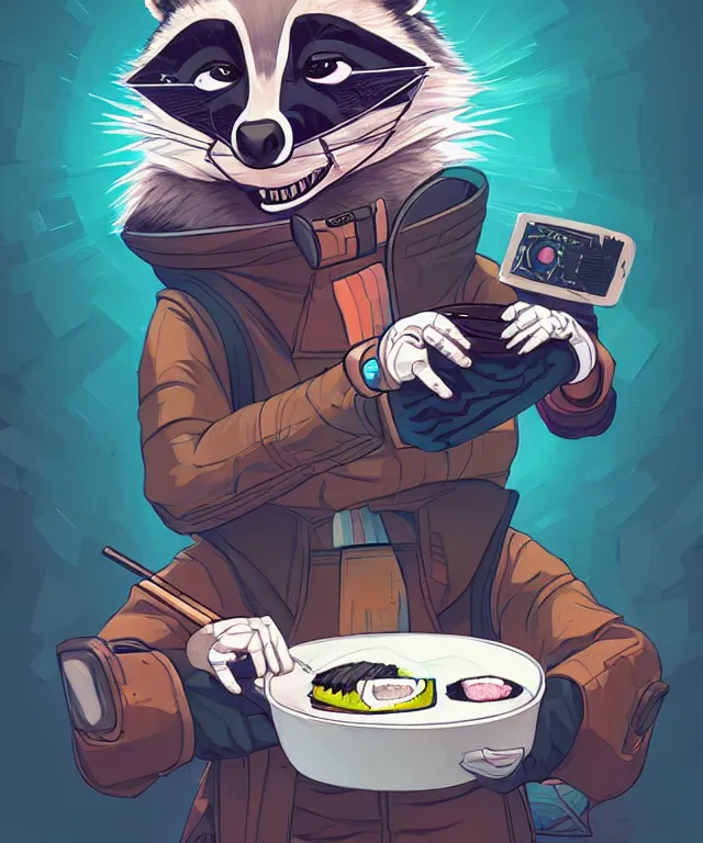 Image similar to a portrait of an anthropomorphic cyberpunk raccoon eating sushi, cyberpunk!, fantasy, elegant, digital painting, artstation, concept art, matte, sharp focus, illustration, art by josan gonzalez