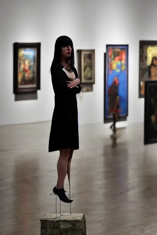 Prompt: emo woman standing on a small pedestal, as an exhibit in an art gallery, editorial photo