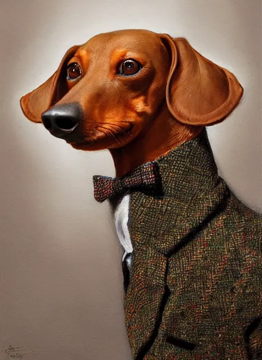 Image similar to dachshund with a raised highbrow, wearing a tweed jacket, wearing a monocle | highly detailed | very intricate | elaborate outfit | symmetrical | cinematic lighting | award - winning | closeup portrait | painted by donato giancola and mandy jurgens and charlie bowater | featured on artstation