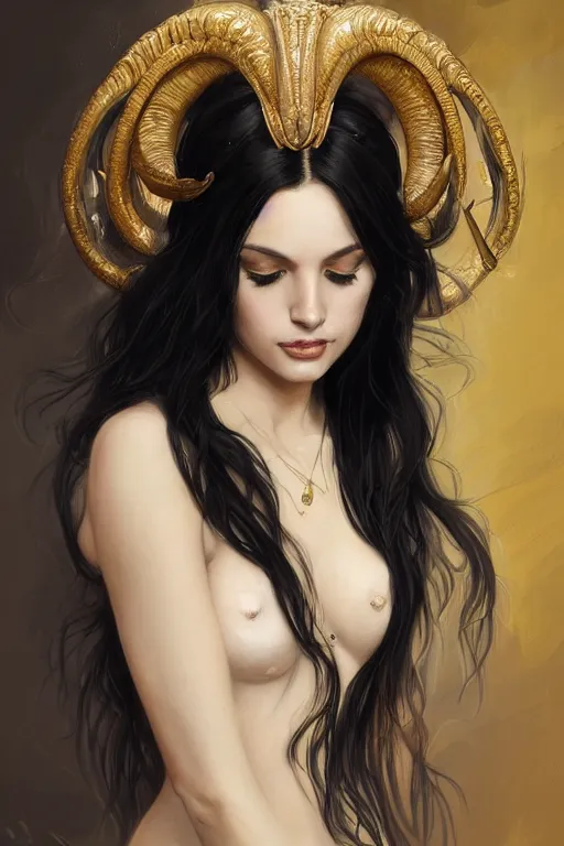 Prompt: a beautiful woman with long black hair, big natural ram horns on her head, flowing dress, gold jewellery, dnd, face, fantasy, intricate, elegant, highly detailed, digital painting, artstation, concept art, smooth, sharp focus, illustration, art by artgerm and greg rutkowski and alphonse mucha