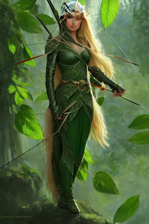 Prompt: female elven Archer armor made of green leaves, fantasy, amber eyes, face, long hair, intricate, elegant, highly detailed, digital painting, artstation, concept art, smooth, sharp focus, illustration, art by artgerm and greg rutkowski and alphonse mucha
