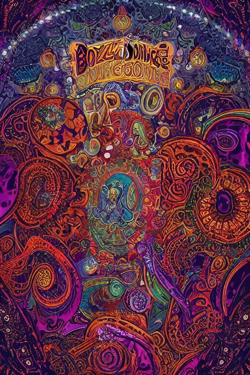 Image similar to Flowing lettering that says The Bozone, Fillmore concert poster for The Bozone by Robert Crumb, by Victor Moscoso, by Laurie Lipton, black light velvet poster, intricate paisley filigree, Bozo the clown. Clown motif, Shiny bulbous red clown nose at the center of an infinite fractal mandala tunnel of clowns, Unreal Engine, Cryengine, Artstation