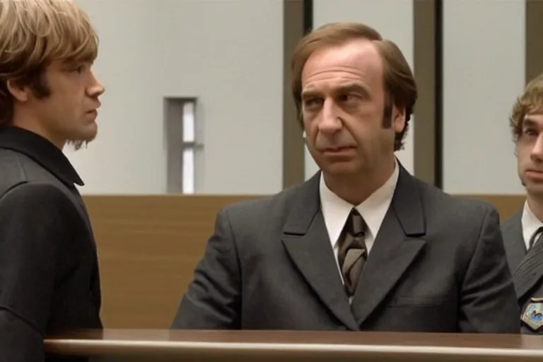 Image similar to saul goodman and anakin skywalker wearing prisoner's uniform in court, court images, 1 0 8 0 p, court archive images