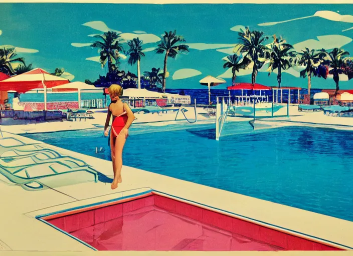 Prompt: pool at the beach. no people. nostalgic. 6 0 s styled art