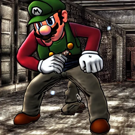 Prompt: super mario in resident evil 4 fighting zombies