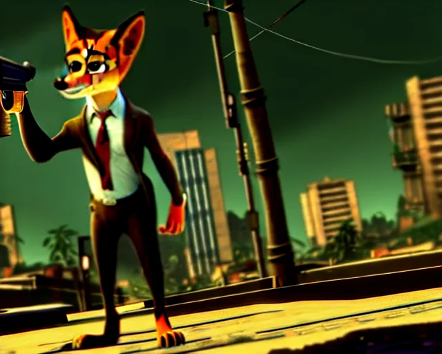 Image similar to nick wilde as max payne in max payne 3 set in gritty neo - noir zootopia, favela / furvela shootout