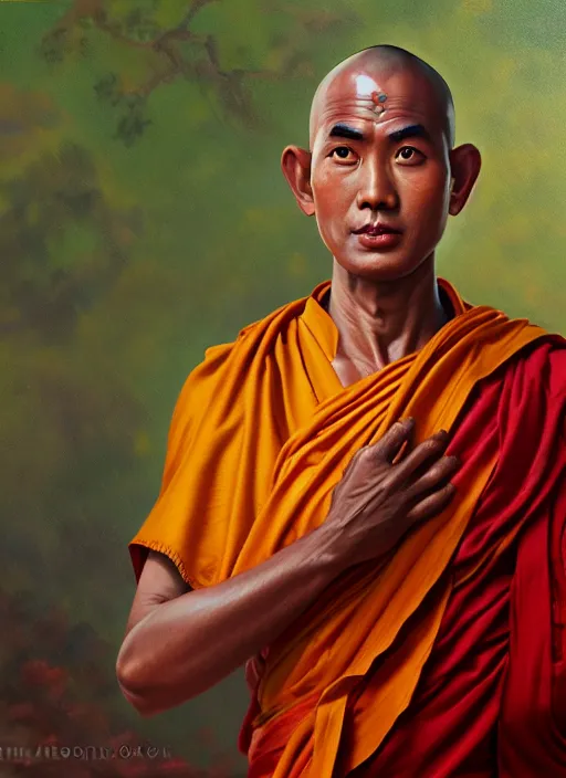 Prompt: smart sri lanka buddhist monk, closeup portrait, without eyebrows, historical hero, ethnic group, tai costume, background is sukhothai temple, intricate, elegant, loin cloth, highly detailed, oil painting, artstation, concept art, matte, sharp focus, illustration, hearthstone, art by earl norem