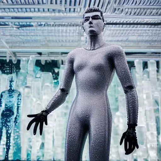 Image similar to made of ice, a realistic detailed photo of a guy who is an attractive humanoid who is half robot and half humanoid, who is a male android, on display, blank stare, showing off his muscles, shiny skin, posing like a statue, by the pool, frozen ice statue, f 1 driver max verstappen, humanoid robot