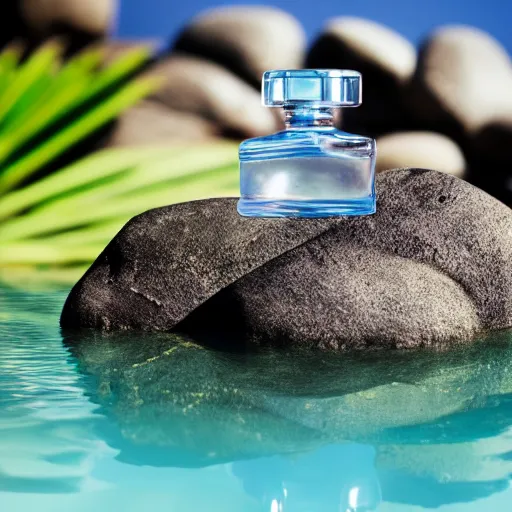 Image similar to perfume bottle sitting on a pile of rocks in the middle of a blue lake, close up shot, upfront, surrounded by tropical leaves, blurred tropical background, softly - lit, soft - warm, zen, light, modern minimalist f 2 0 clean