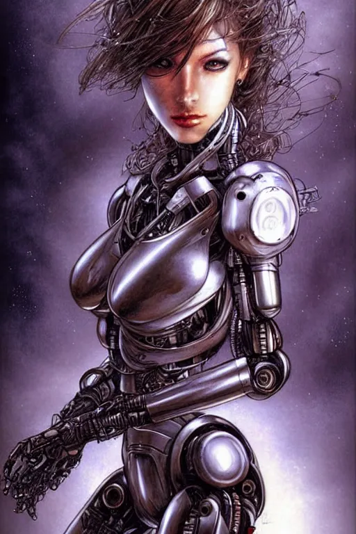 Image similar to a beautiful robot fighter pilot, fantasy, portrait, sharp focus, intricate, elegant, illustration, ambient lighting, art by Luis Royo