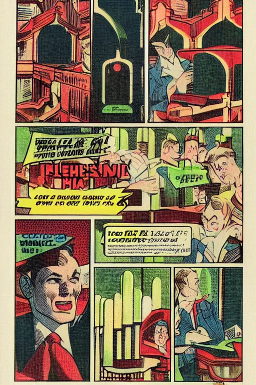 Image similar to pipe organ, 1 9 4 0 s halftone color comic page by steve ditko and alan lee