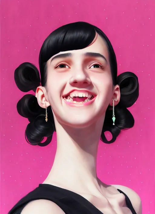 Image similar to portrait of high school girl, realistic, black hair, bangs, half updo hairstyle, pointy nose, skinny, smile, ugly, defined jawline, big chin, pink hair bow, earrings, intricate, elegant, glowing lights, highly detailed, digital painting, artstation, sharp focus, illustration, art by wlop, mars ravelo and greg rutkowski