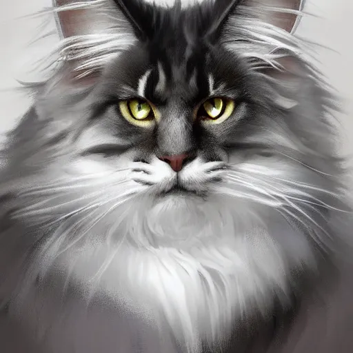 Image similar to a big old menacing dark grey maine coon cat with white belly, white paws and white face markings with long fur and fluffy tail, sitting, intricate, elegant, highly detailed, digital painting, artstation, concept art, matte, sharp focus, illustration, art by Artgerm and Greg Rutkowski and Alphonse Mucha