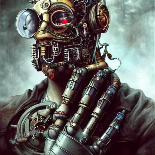 Image similar to portrait painting of a steampunk cyborg criminal, transhumanism, ultra realistic, concept art, studio ghibli, intricate details, eerie highly detailed