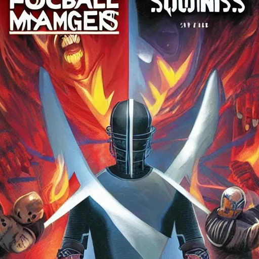 Prompt: comic book cover for'football manager vs dark souls ', art by alex ross