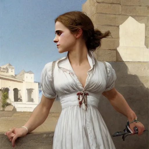 Image similar to emma watson, blonde pigrails, white dress, melissa fumero, traditional corsican, intricate, highly detailed, artstation, illustration, jurgens, rutkowski, bouguereau