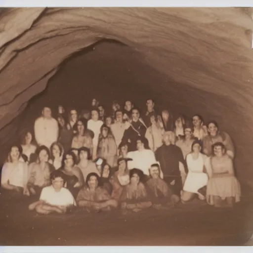 Image similar to A polaroid photo of a group of people inside a wide cave praying to a wooden computer on a altar