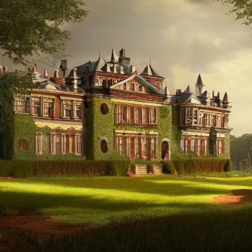 Prompt: matte painting of a countryside landscape of a noble estate with xix century manor. fantastical, elegant elaborate, red brick, opulent, verdant lawn. sharp focus, smooth detailed digital art trending in artstation