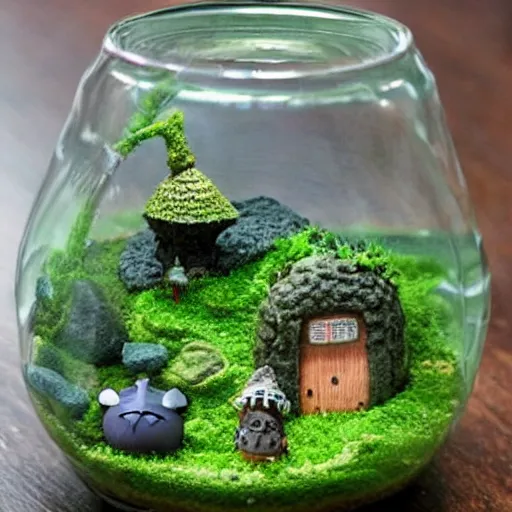 Prompt: a terrarium that has a cute wee village and totoro living inside it, studio ghibli