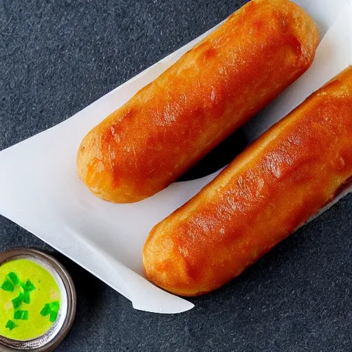 Prompt: a dutch friture snack called Frikandel Speciaal, the snack has a cut lengthwise, so that it can accommodate mayonnaise and red curry and small pieces of onion served in a white long plastic container on a plate