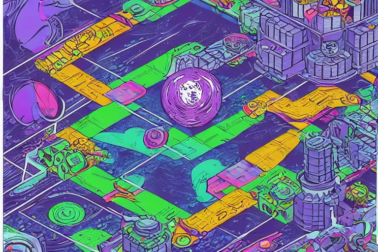 Image similar to isometric view, game board, cosmic horror game, in the style of Jack Kirby,