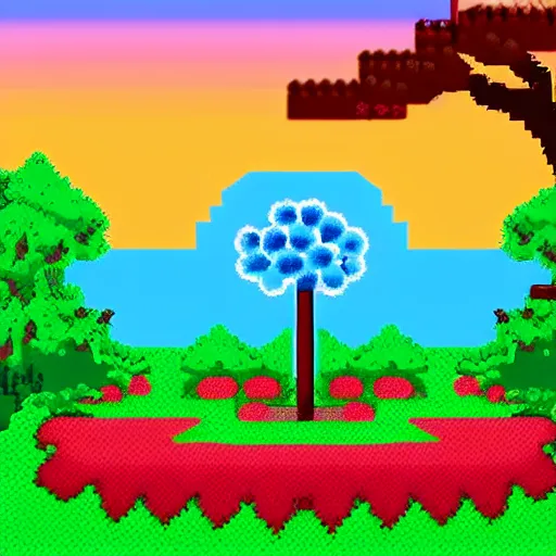 Image similar to overdetailed pixel art of a big flower on a beautiful meadow in the middle of a clearing of a forest, hd, cinematic