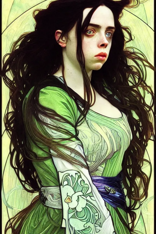 Prompt: Billie Eilish as female loki by alphonse mucha, hyper detail, hyper realistic