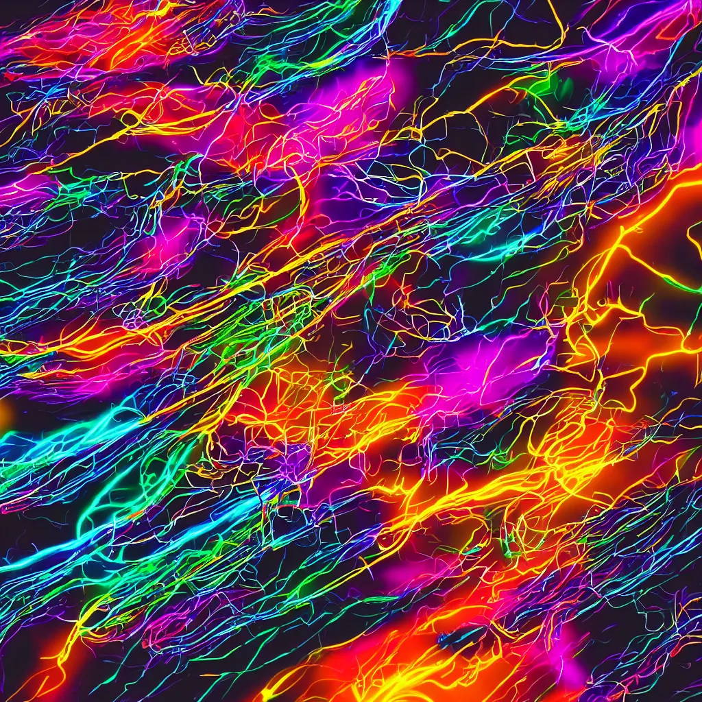 Prompt: mess of colorful cables, graphic art, cinematic lightning, neon lights