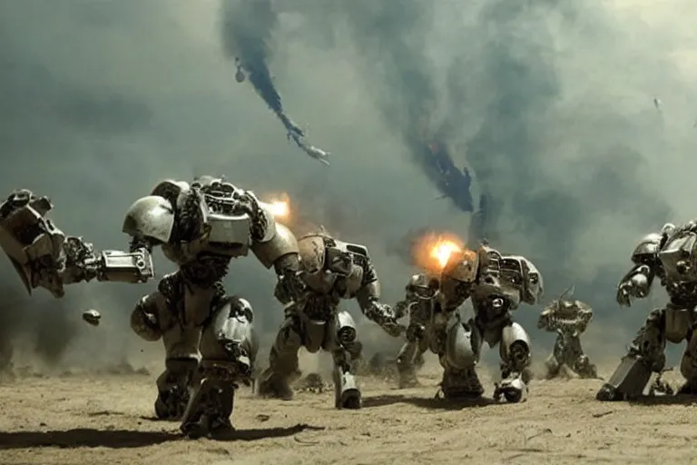 Image similar to VFX movie of futuristic cybernetic beast monsters fighting space marines lunging, war zone, battlefield, debris, fire , natural lighting by Emmanuel Lubezki