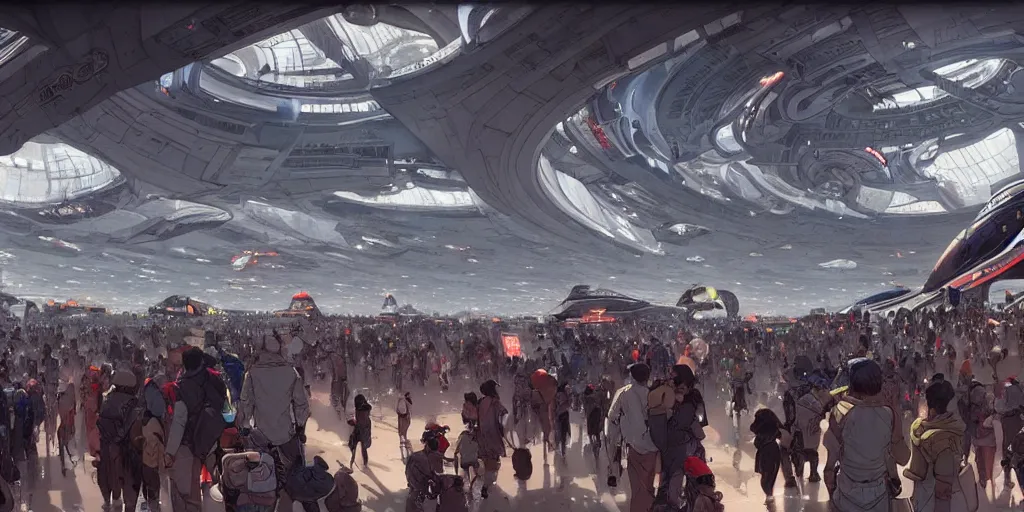 Image similar to the interior of a futuristic spaceport, large crowd of people in the foreground, by kim jung gi and greg rutkowski, rule of thirds