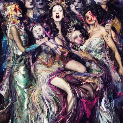 Prompt: A painting of a chaotic pattern of realistic divine women portraits, each with a different facial expression of madness and hysteria by christian weiss, ruan jia, pollock, marjorie cameron, 35mm, f2.8, nikon, expressive brush strokes, breathtaking render, unreal engine, william Godward, cyberpunk, blessed by eris, chaos, punk, terror, insane composition, water color splash, coffee stain, burnt paper, the cake is a lie, the clouds are watching, cerberus bites the hand of the curious, remix all
