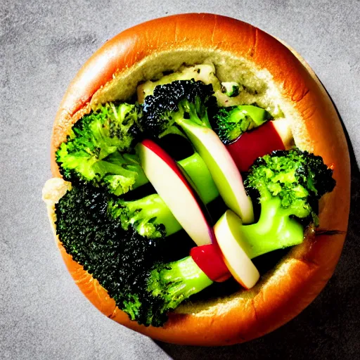 Prompt: photo shoot portrait of a delicious hot dog, broccoli and apple on top, mustard,