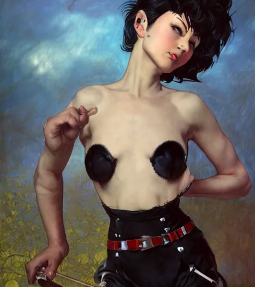 Image similar to a woman with black hair pixie cut in shorts with suspenders drawn by Hajime Sorayama, Paolo Eleuteri Serpieri, frank frazetta, peter paul rubens, alphonse mucha, gustav klimt 4k, unreal 5, DAZ, french noveau, trending on artstation, octane render, hyperrealistic