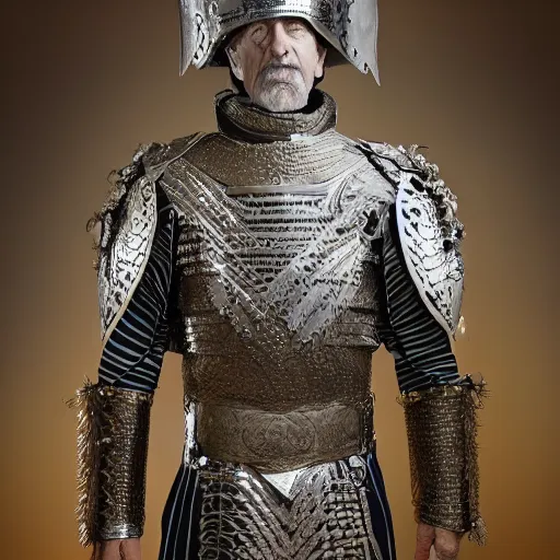 Prompt: a high resolution 35mm realistic photograph of an old man wearing a suit of ornate ceremonial armor. The armor is detailed and regal with a large hemp leaf pattern on the chest plate. Dynamic composition with natural lighting in a battlefield setting