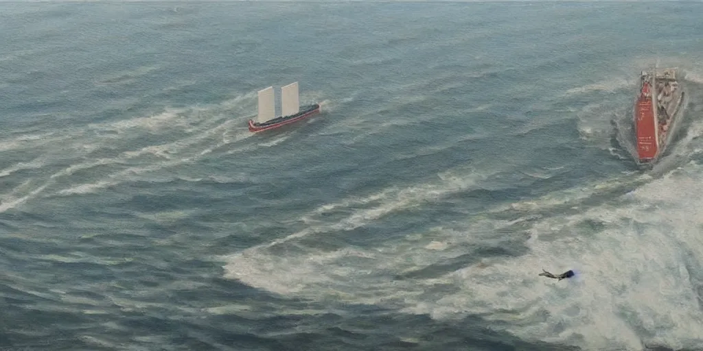 Prompt: ocean liner sinking, bird's eye view, full shot, realist painting, oil on canvas