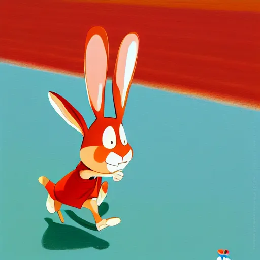 Image similar to goro fujita ilustration of a smiling happy rabbit in running clothes in an olympic stadium, painting by goro fujita, sharp focus, highly detailed, artstation