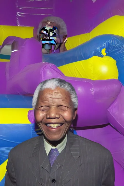 Image similar to nelson mandela in a purple prison form bouncy castle