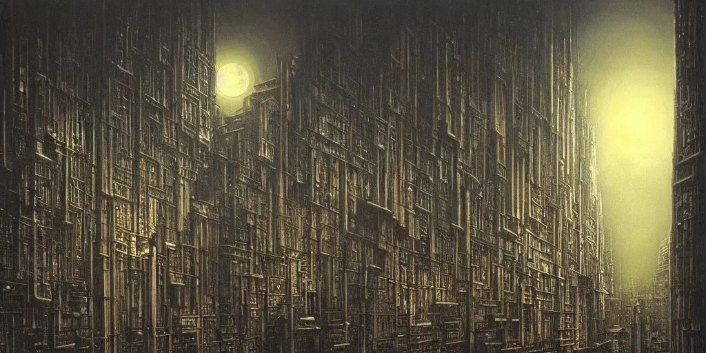 Image similar to a gigantic city at night where buildings are built out of skulls and bones, fleshy structures, light coming from windows, surreal atmospheric painting by hr giger and beksinski