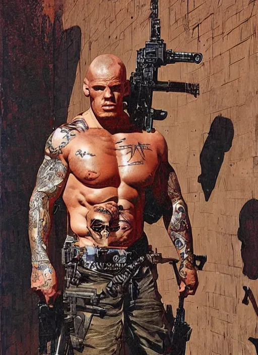 Prompt: mass monster martyn ford as the punisher wearing trench coat and carrying shotgun, by lawrence alma tadema and zdzislaw beksinski and norman rockwell and jack kirby and tom lovell and greg staples
