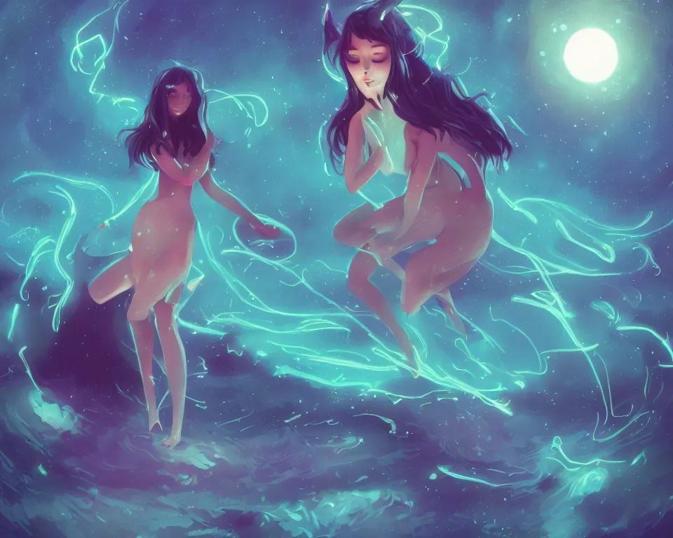 Image similar to beautiful whimsical cat girl standing in a lake in the moonlight, using magic, under a multi-colored binary blackhole with an accretion disc, glowing trails following her arms, wearing professional makeup, acidwave, by Lois van Baarle, by Greg Rutkowski, by artgerm, by beeple, by studio ghibli, cinematic angle, volumetric lighting, 4k resolution, octane render, trending on artstation, masterpiece