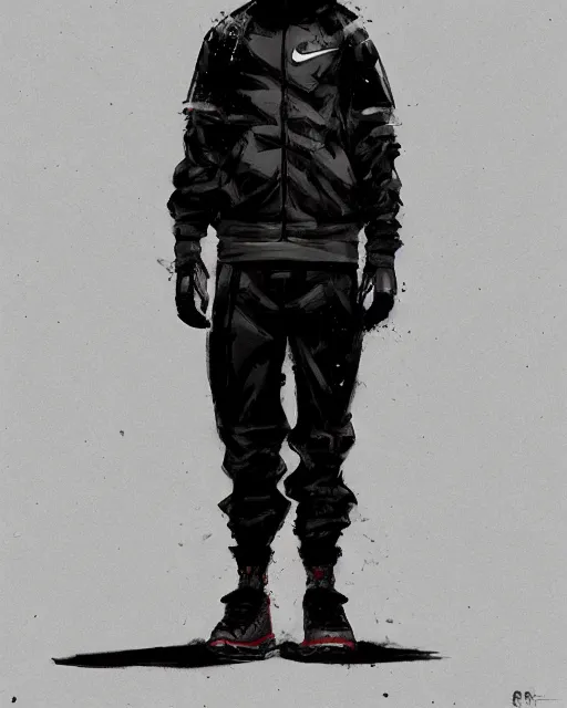 Image similar to Medium shot of a character wearing Nike ACG+Acronym+Riot Division in the style of greg rutkowski