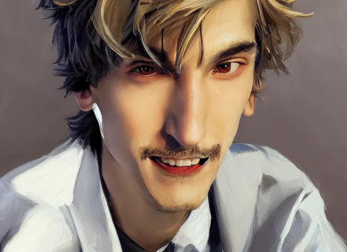 Image similar to a highly detailed beautiful portrait of xqcow xqc felix lengyel, twitch. tv, by gregory manchess, james gurney, james jean