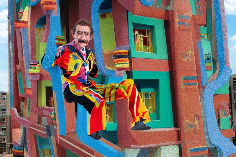 Prompt: Barry Chuckle as neo-Andean architecture by Freddy Mamani, realistic human-building hybrid, a building that looks like legendary entertainer Barry Chuckle