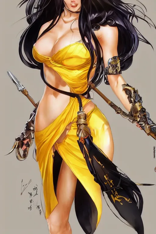 Prompt: Megan Fox using a yellow summer dress in a blade and soul spinoff artbook rendered by the artist Taran Fiddler, Joe Madureira, Nadezhda Tikhomirova, Jiyun Chae, Lê Long, trending on Artstation by Hyung Tae Kim, artbook, Stanley Artgerm Lau, WLOP, Rossdraws , James Gurney