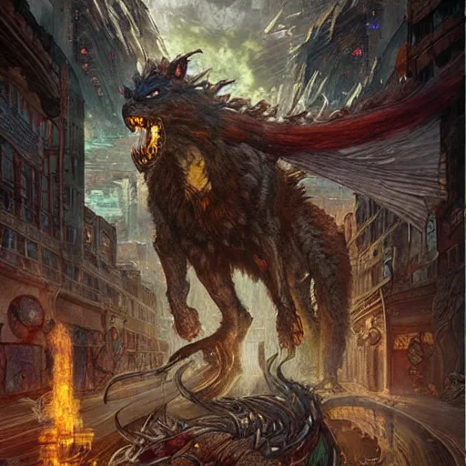 Prompt: “Mural depicting Fenrir destroying city, horror, mosaic style, stained glass mural, D&D, fantasy, intricate, cinematic lighting, highly detailed, digital painting, artstation, concept art, smooth, sharp focus, illustration, art by Artgerm and Greg Rutkowski and Alphonse Mucha”